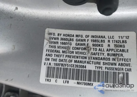 2012 Honda Civic Lx from USA, damaged, VIN 19XFB2F51CE393084